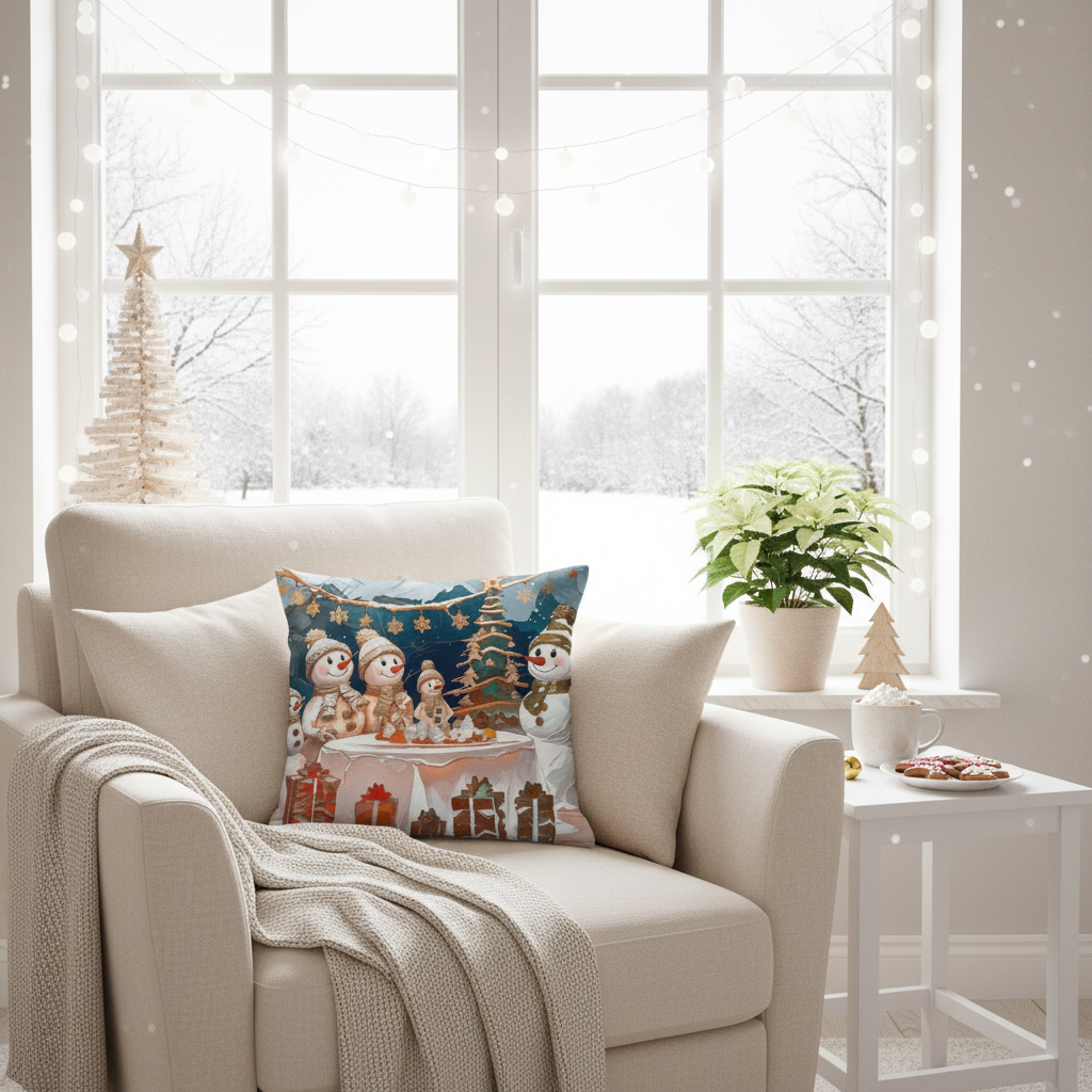 Cozy Reading Nook with Snowman Pillow by Window