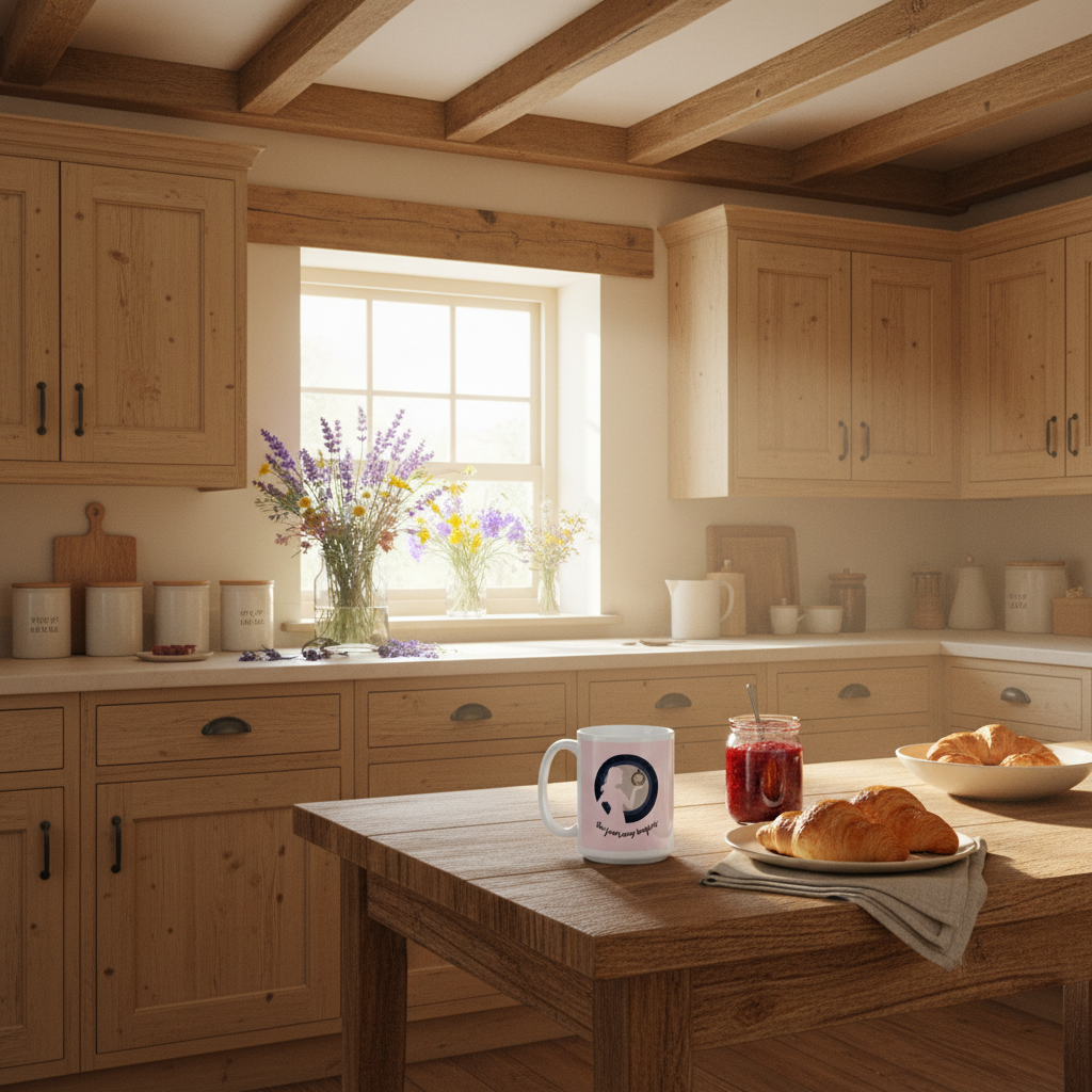 Cozy rustic wooden kitchen exposed beams natural wood lavender wildflowers journey begins mug breakfast jam croissants