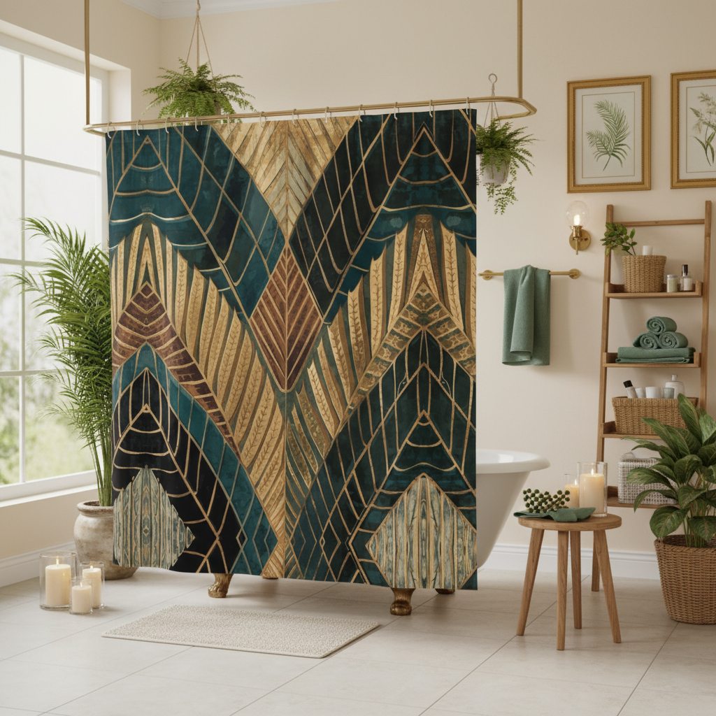 Cozy spa bathroom with tropical shower curtain and plants