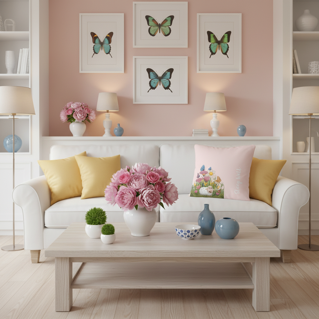Cozy warm living room with light pink sheep pillow on sofa in pink-toned interior with roses, peonies, green plants and spring decor