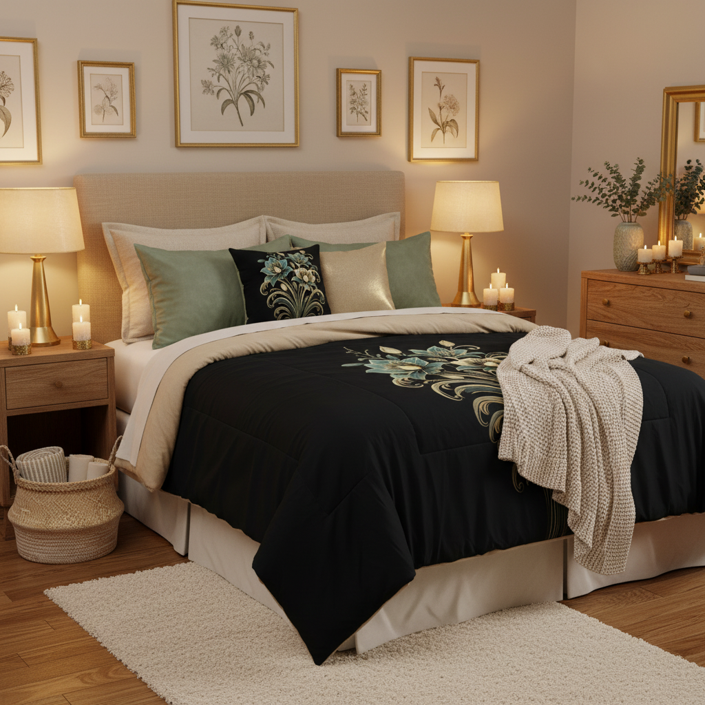 Cozy warm queen bedroom sage gold comforter beige pillows sage curtains brass lamps candles vases botanical prints
