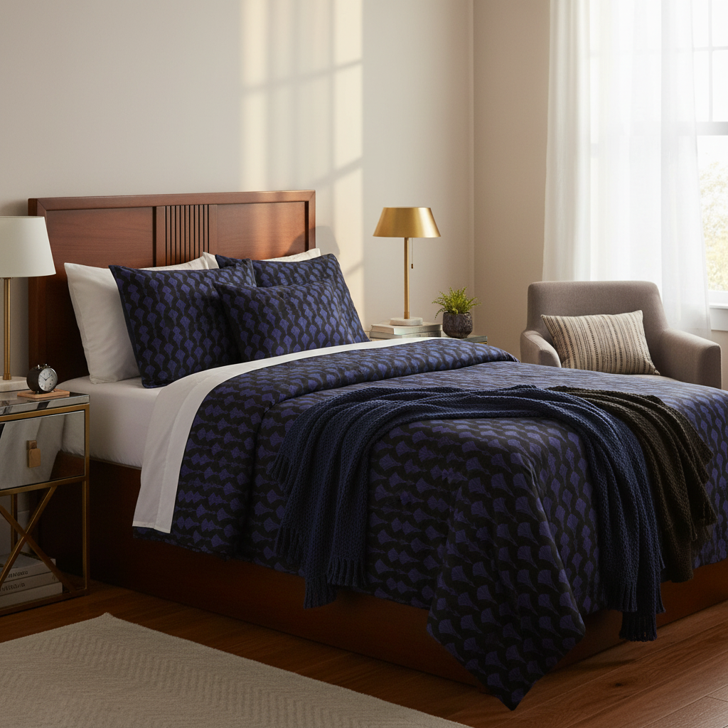 Cozy warm twin bedroom with Art Deco bedding in deep blue and black, golden hour lighting