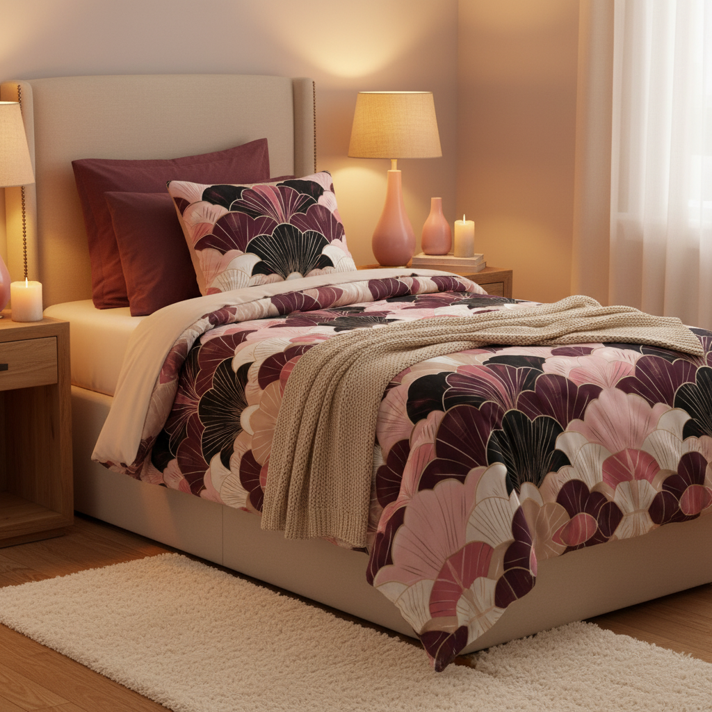 Cozy warm twin size bed with art deco geometric duvet cover in burgundy beige pink, matching pillow, beige knit blanket, burgundy throws, pink vases, warm golden lighting