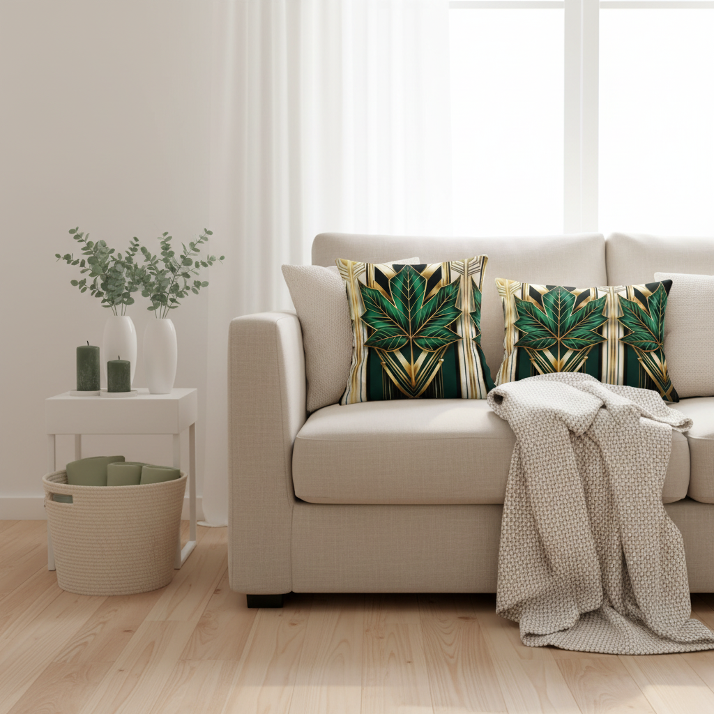 Cozy white living room with botanical pillows