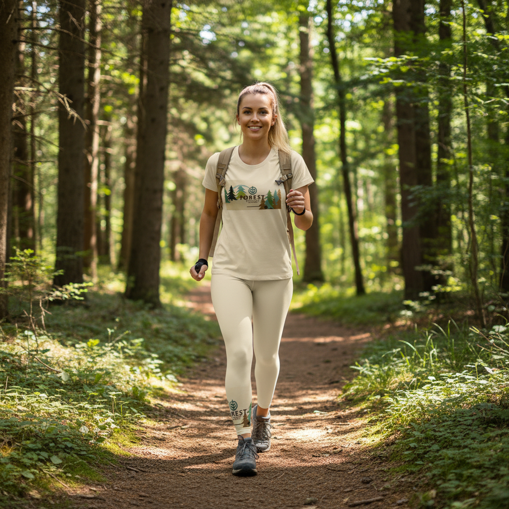 Cream forest adventure t-shirt and yoga leggings on hiking trail
