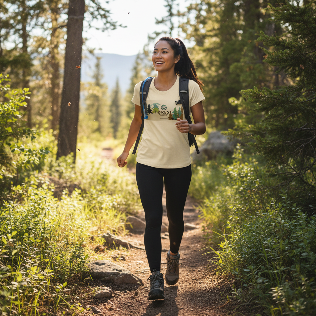 Cream forest adventure t-shirt with black leggings on hiking trail