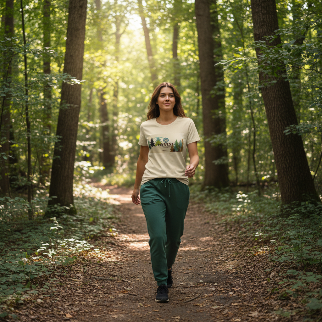 Cream forest adventure t-shirt with green track pants on nature trail
