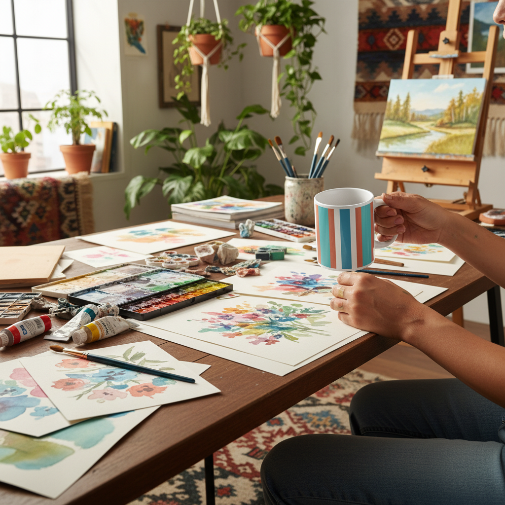 Creative person holding colorful striped ceramic mug while working on art project - perfect for artistic lifestyle and inspiring workspace
