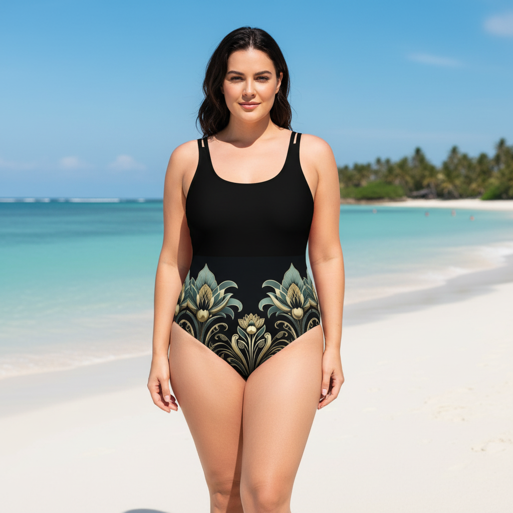 Curvy woman in Elegance swimsuit with visible gold pattern