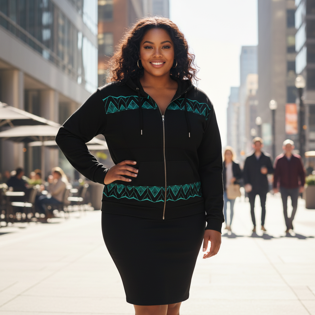 Curvy woman in emerald geometric hoodie with pencil skirt