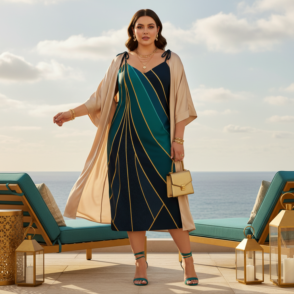 Curvy woman in teal navy gold dress with beige kimono jacket