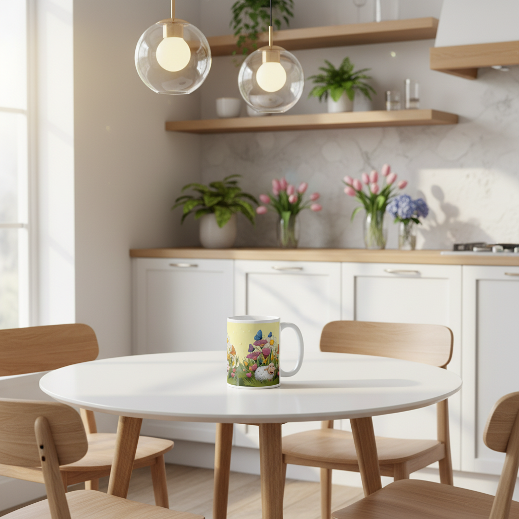 Cute sheep spring mug on white table in modern kitchen breakfast nook with yellow lights, green plants and spring flowers
