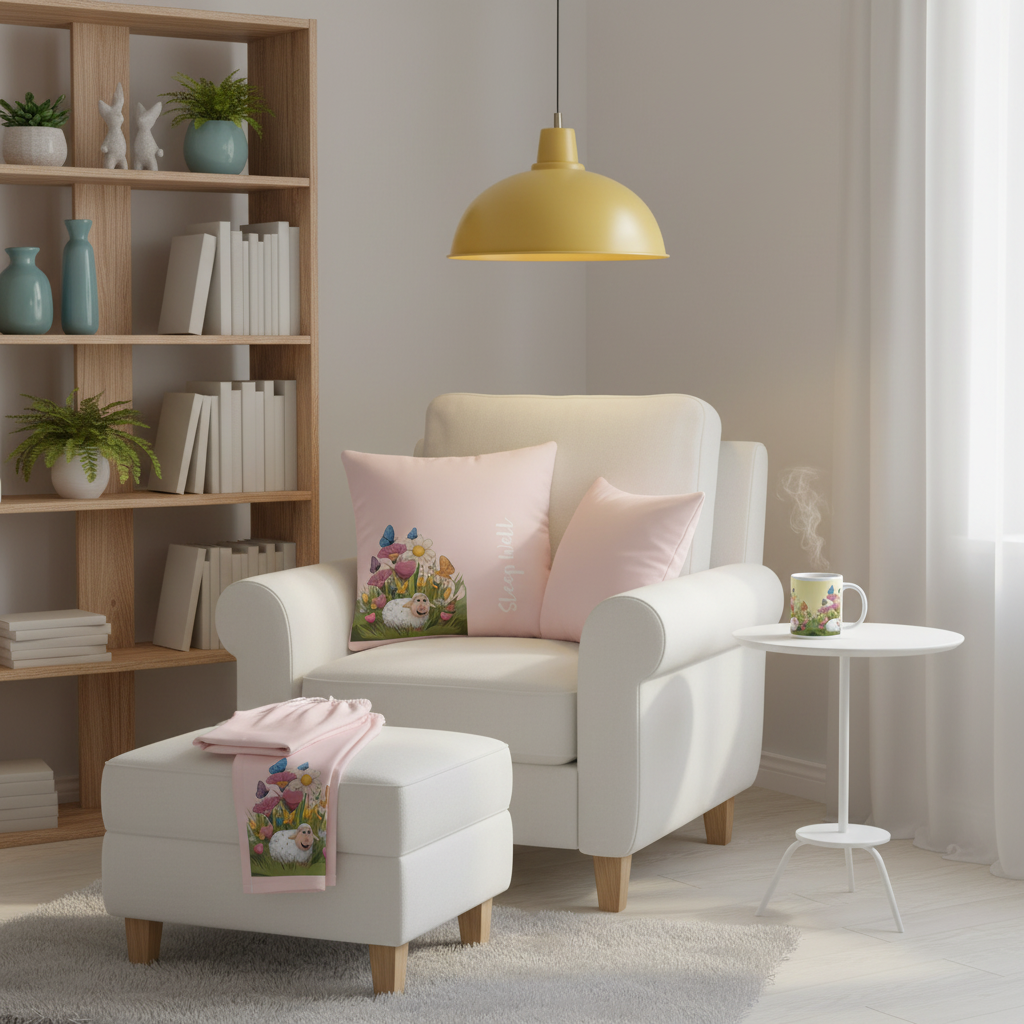 Cute sheep spring pillow on armchair with matching pajama pants and mug in cozy reading corner with spring home decor