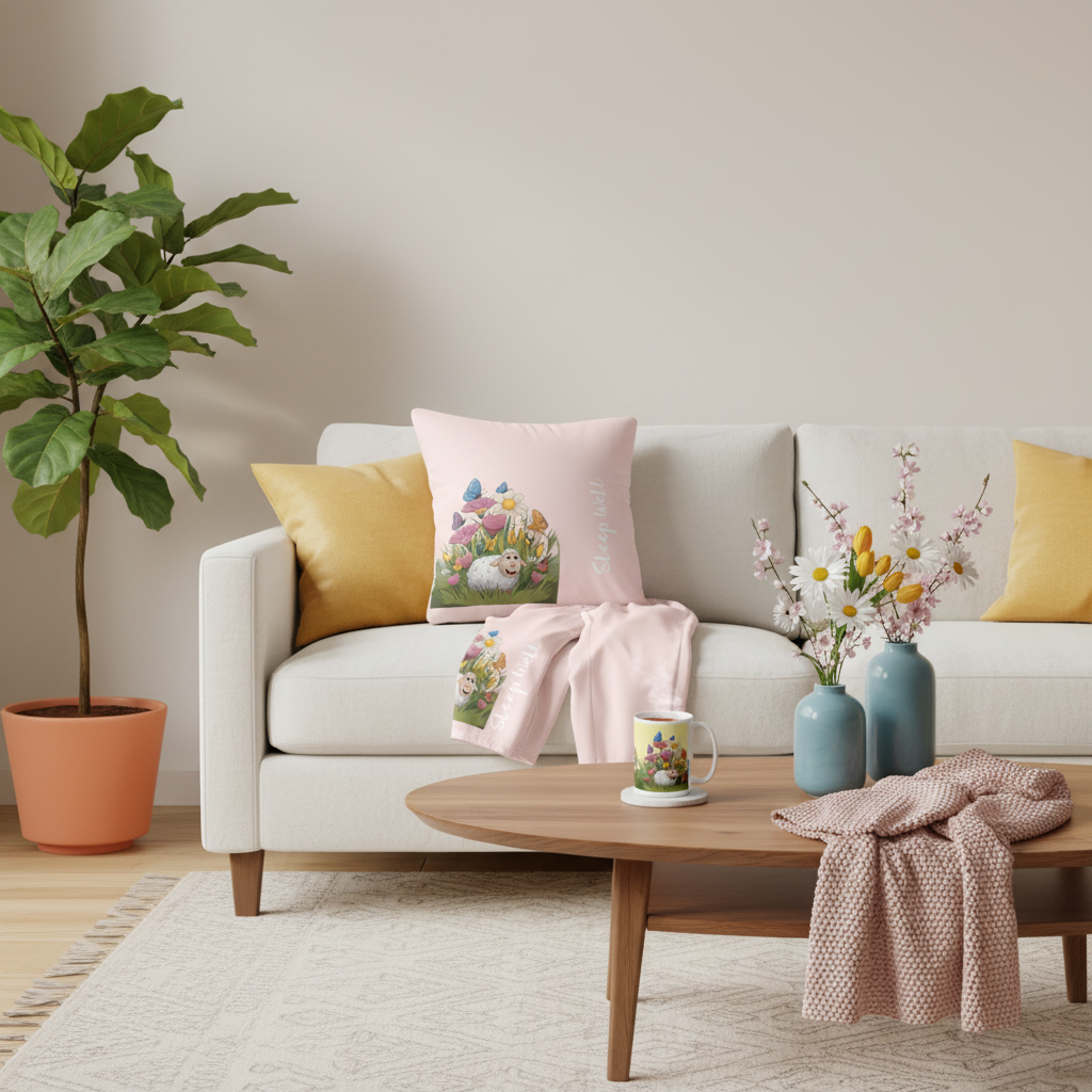 Cute sheep spring pillow on white sofa with matching pajama pants and mug in warm living room with pink, yellow, green and blue spring decor