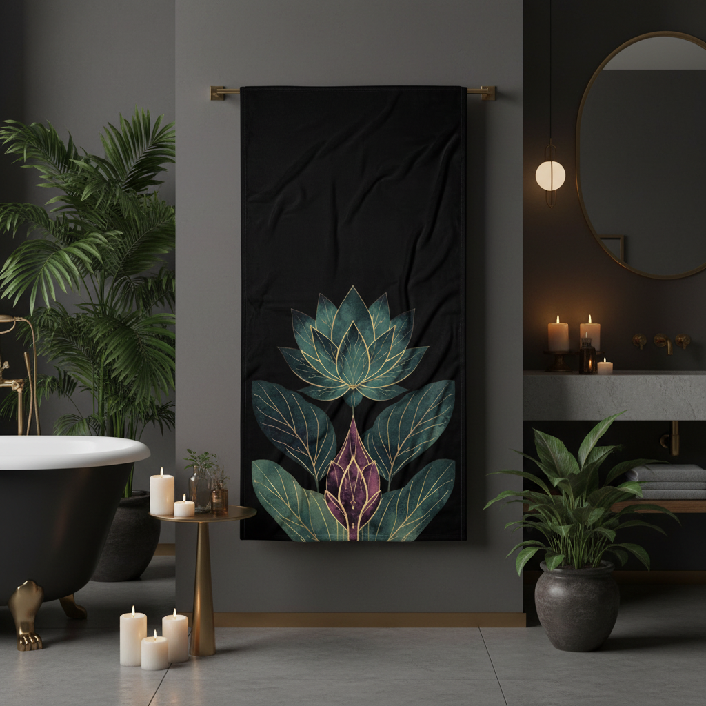 Dark bathroom with large lotus beach towel on wide black bar