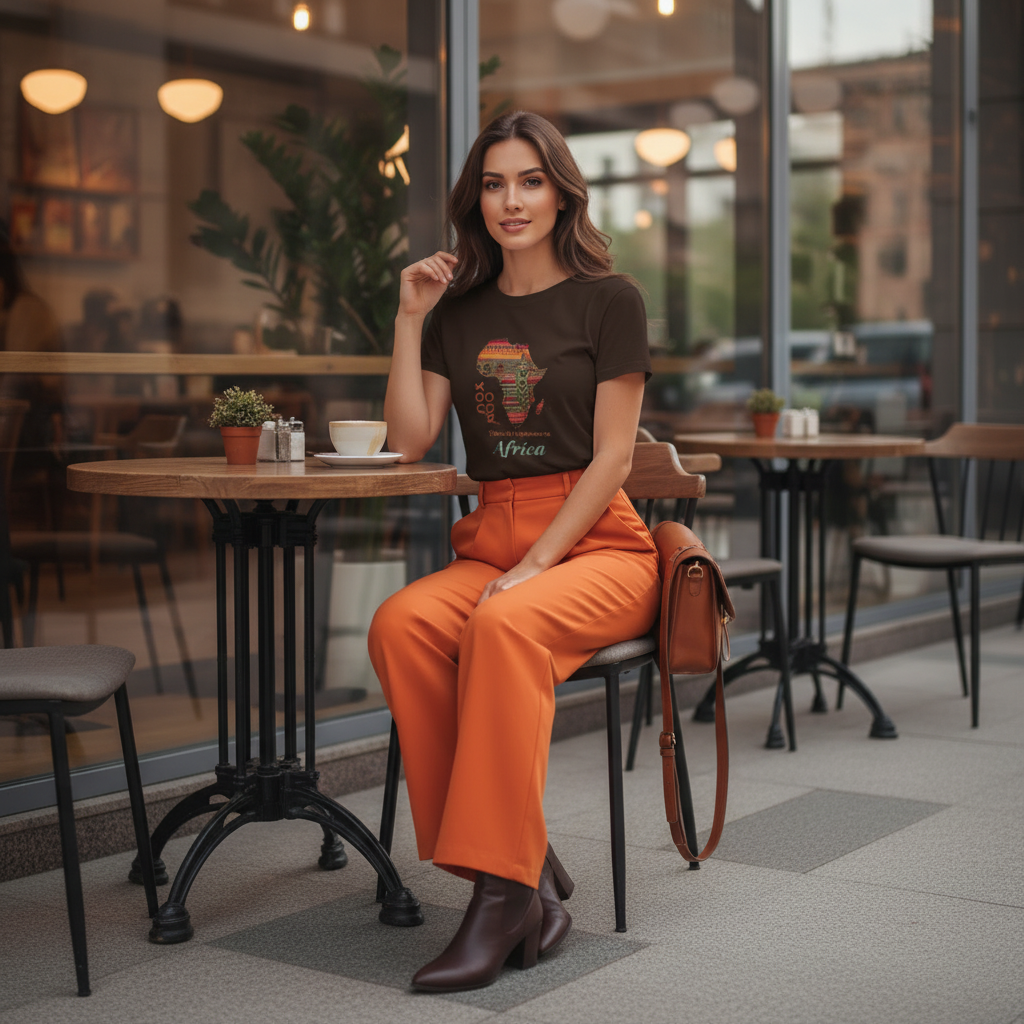 Dark chocolate Africa t-shirt orange trousers brown boots cafe