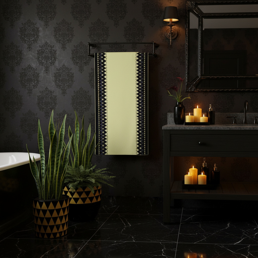 Dark elegant bathroom with yellow and black geometric towel on rack