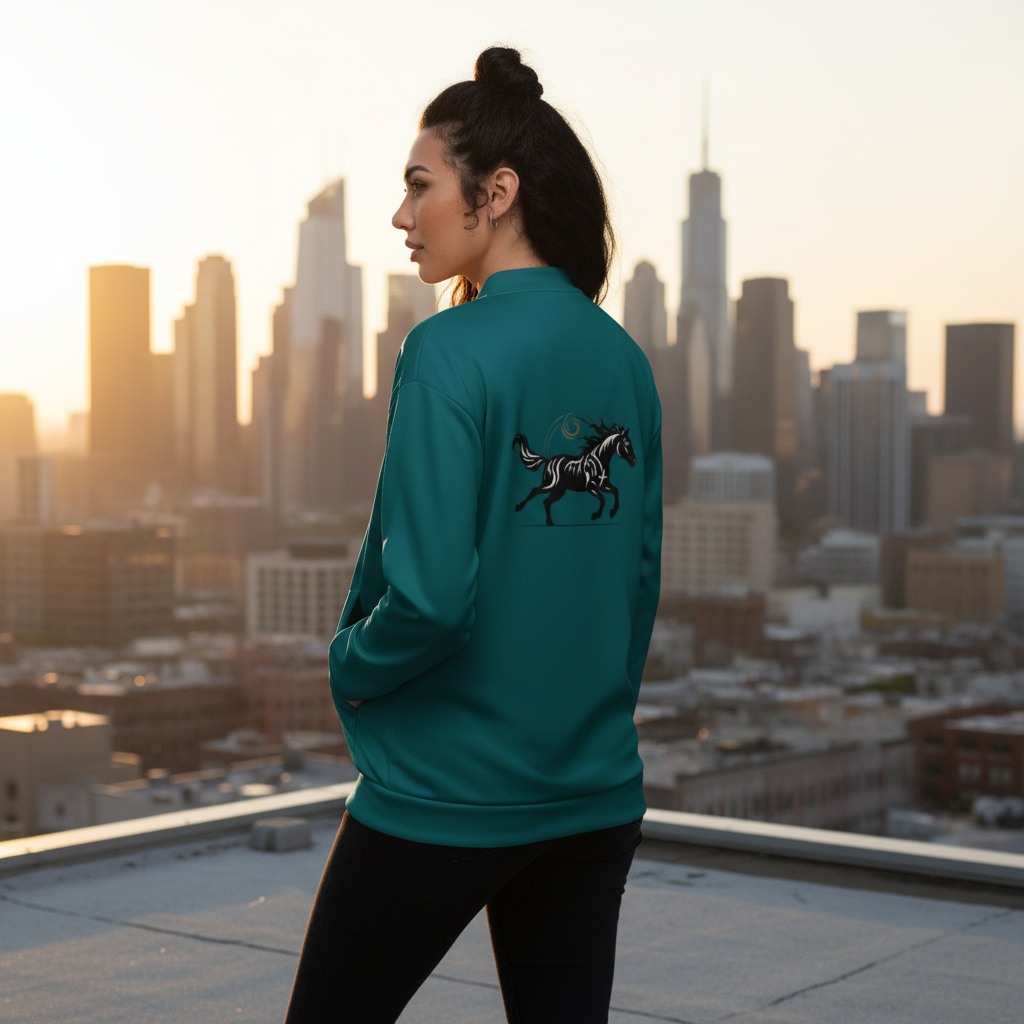 Dark green bomber jacket with horse design on city rooftop - Contemporary urban lifestyle fashion