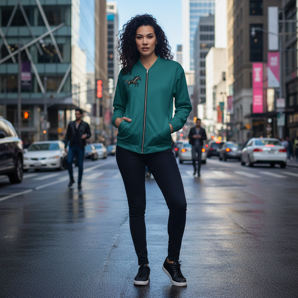 Woman wearing dark green Wild Horse bomber jacket in modern city - Symbol of freedom and strength urban fashion
