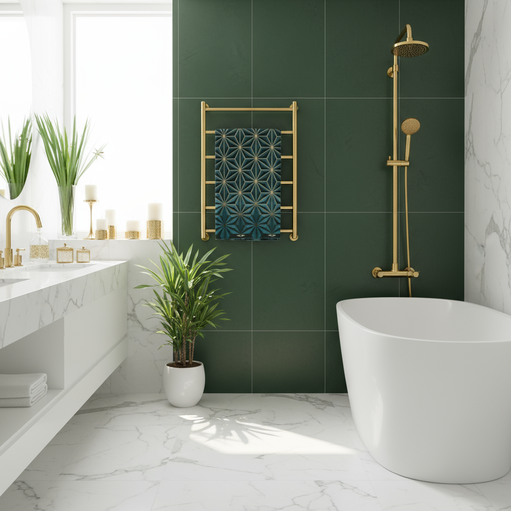 Dark Green & Gold Towel Luxury Bathroom Lifestyle