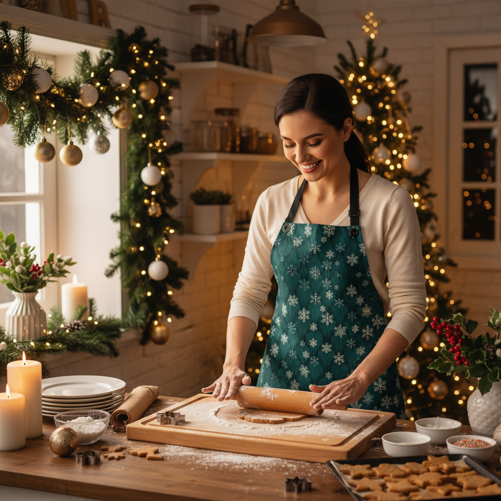 Dark Green Snowflakes Apron - Woman Cooking in Christmas Kitchen