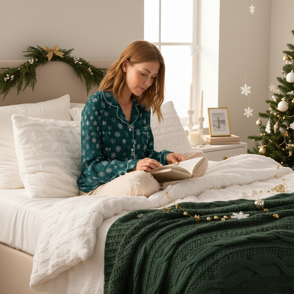 Dark Green Snowflakes Pajama Top - Cozy Bedroom Scene