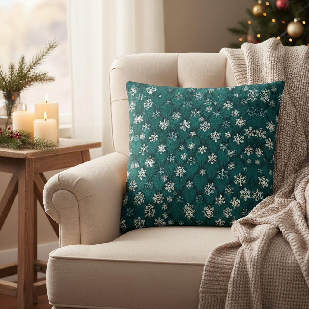 Dark Green Snowflakes Pillow - Armchair Close-up