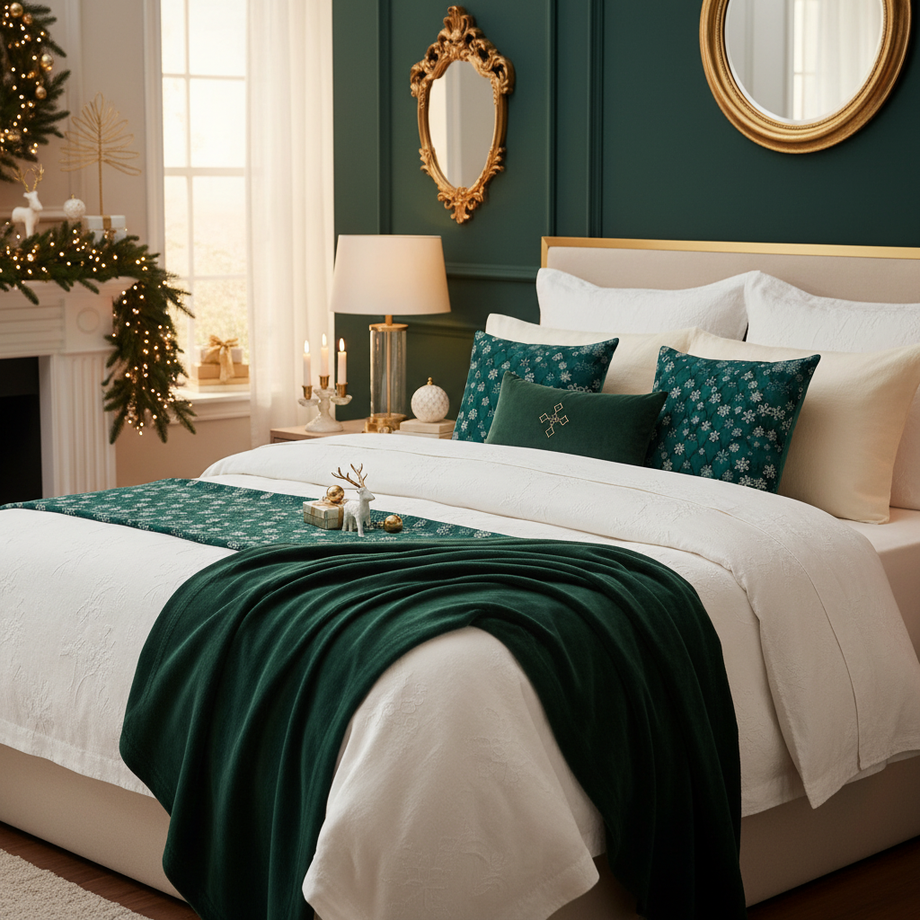 Dark Green Snowflakes Pillow - Coordinated Green Bedroom