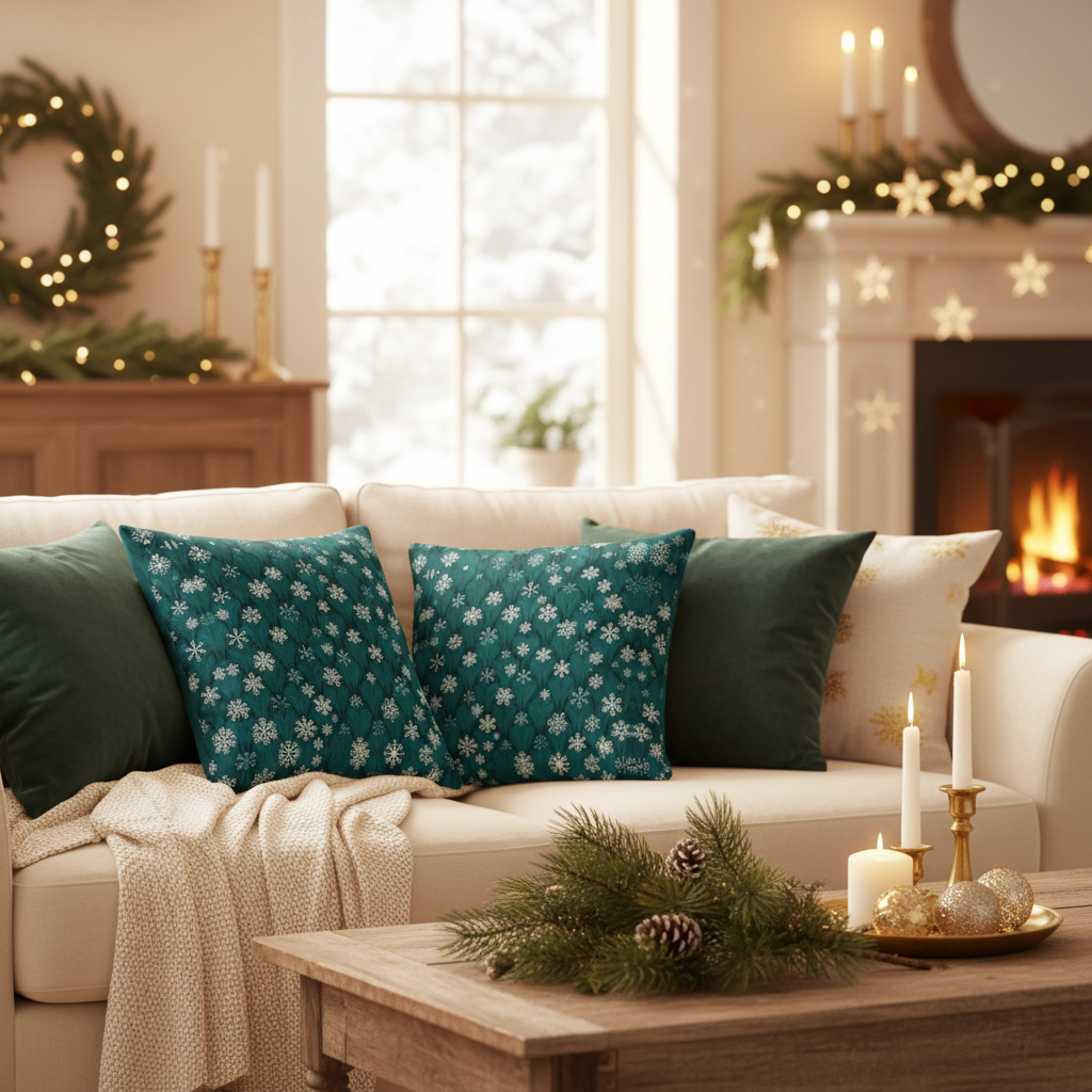 Dark Green Snowflakes Pillows - Festive Home Decor