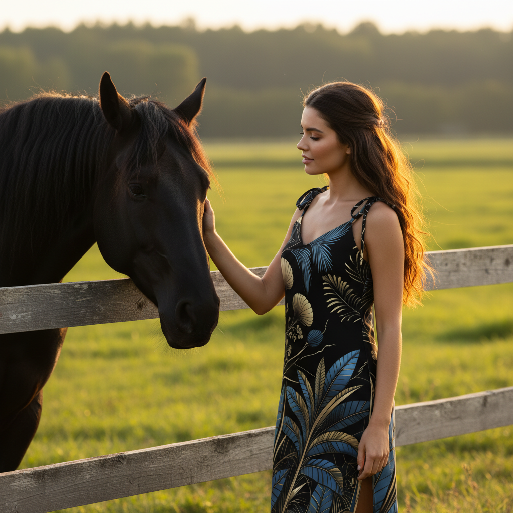 Dark-haired woman in Art Deco dress petting black horse at farm