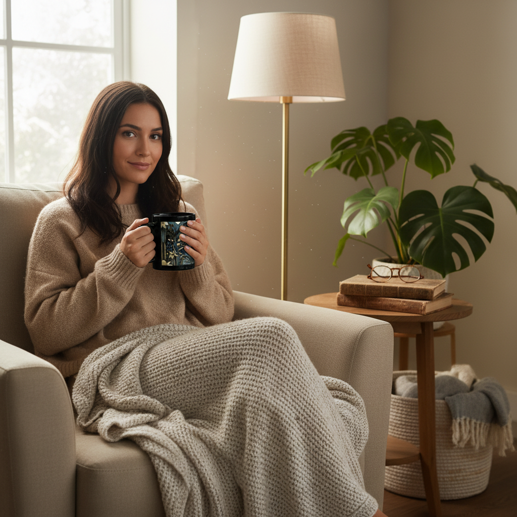 Dark-haired woman in beige sweater holding botanical mug in reading nook