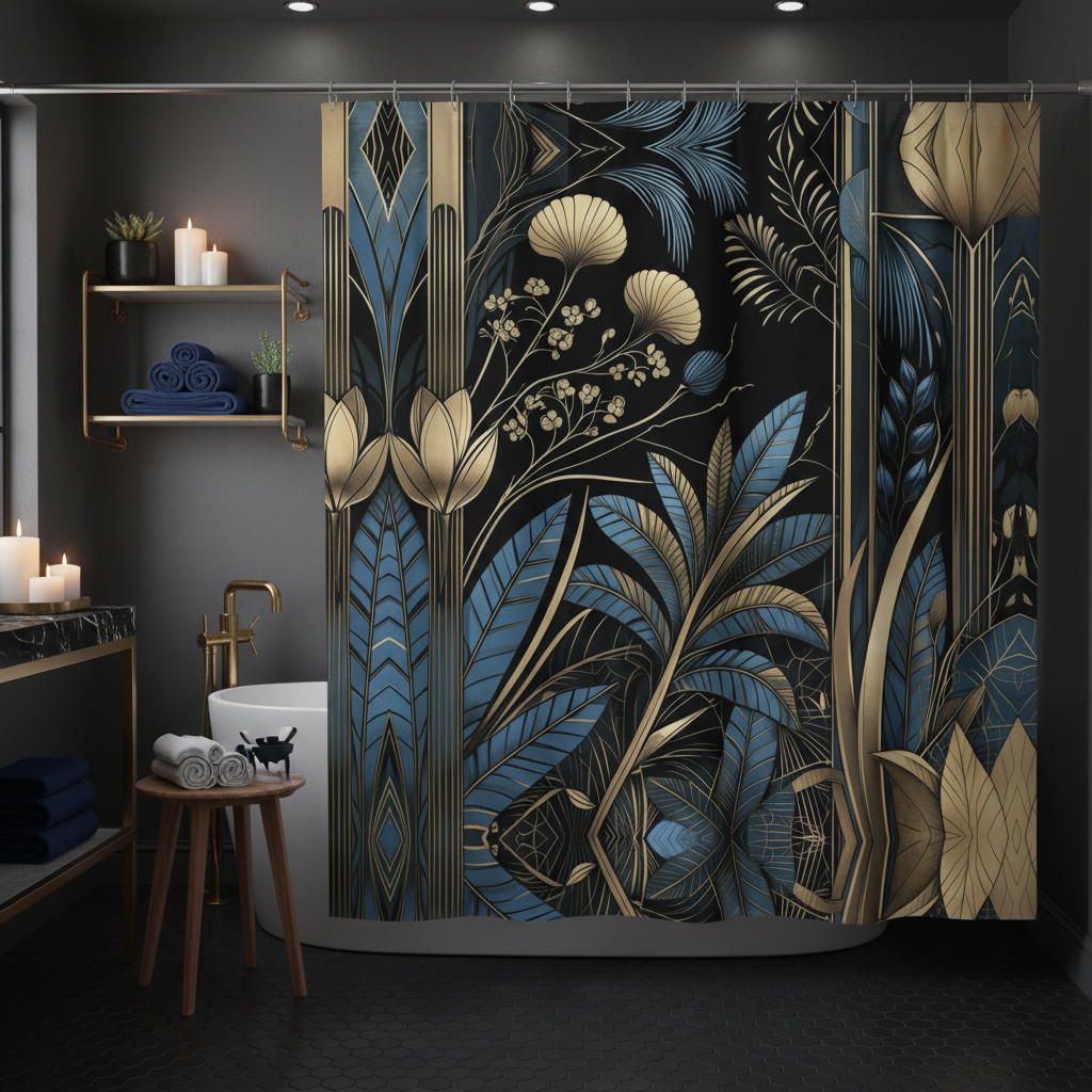 Dark moody bathroom with Art Deco shower curtain and gold fixtures