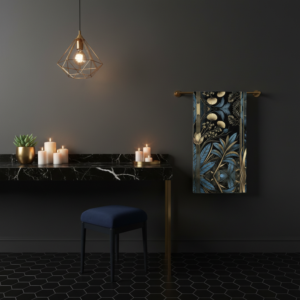 Dark moody bathroom with Art Deco towel on gold bar