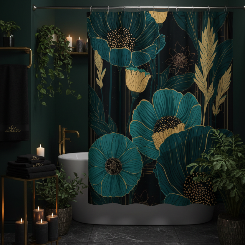 Dark Bathroom with dark teal and black shower curtain 