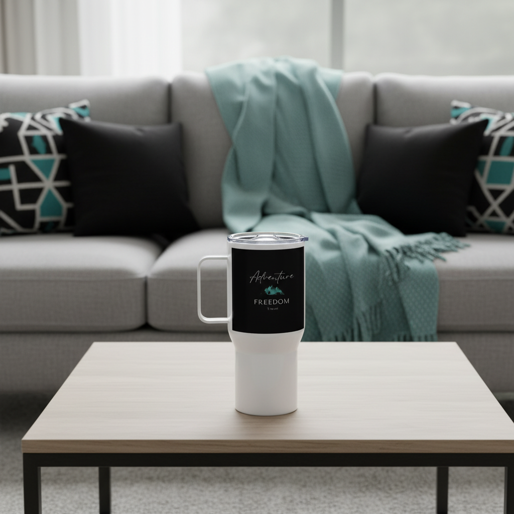 Detail of white Adventure Freedom Travel travel mug on coffee table