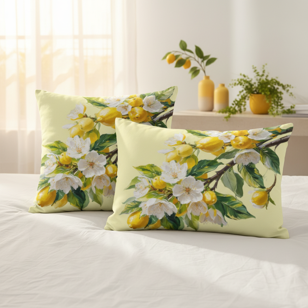 Detailed close-up of two lemon blossom pillows with yellow decor and natural sunlight