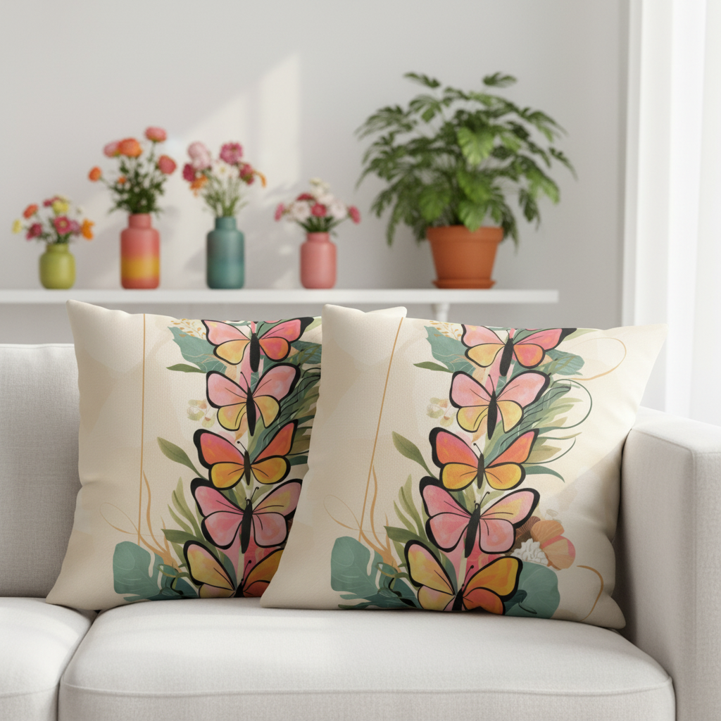 Detailed shot of two butterfly throw pillows on white sofa with colorful spring accents