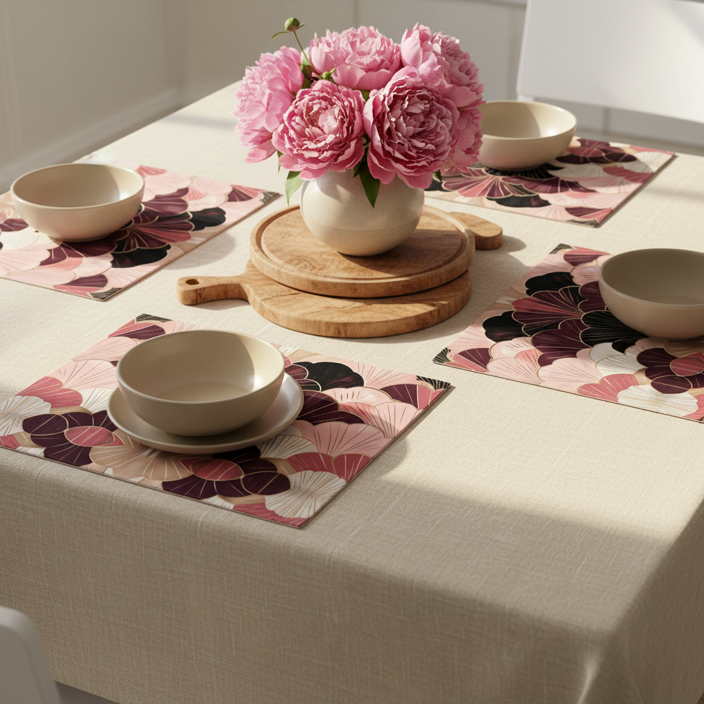 Detailed view of placemats on wood with beige tablecloth and peonies