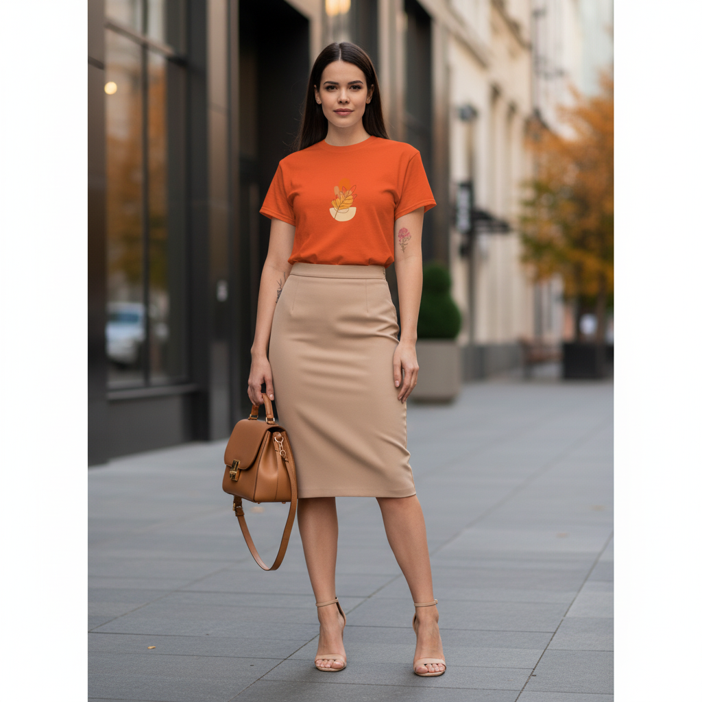 Different empowered dark hair woman orange autumn leaf t-shirt beige pencil skirt nude sandals tan handbag elegant warm