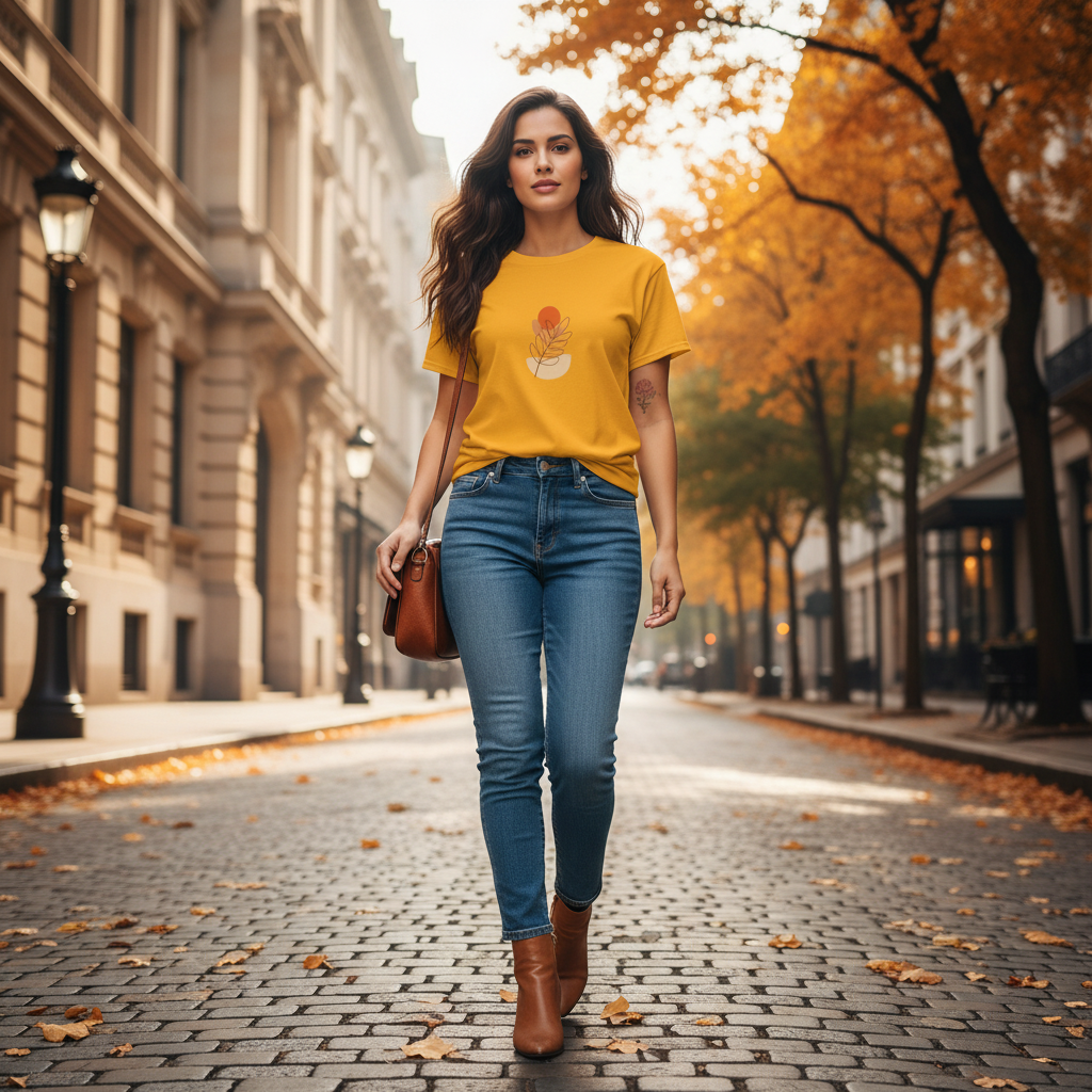 Different powerful dark wavy hair woman gold autumn leaf t-shirt denim jeans tan boots brown crossbody casual chic