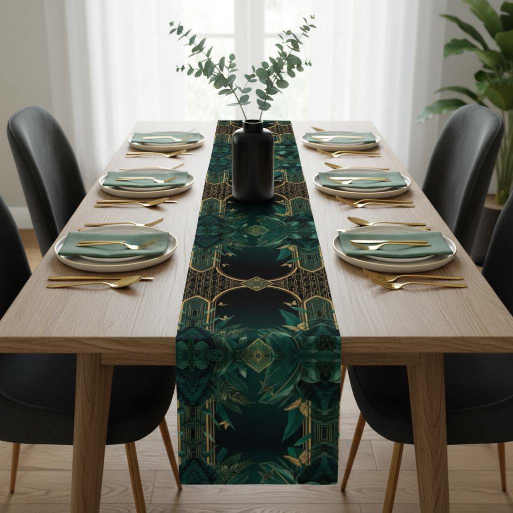 Dining table with exact Emerald Plants runner pattern