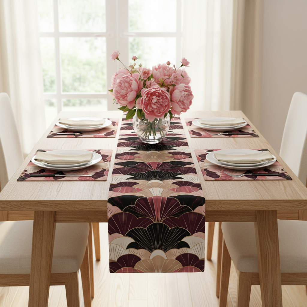 Dining table with geometric linens, peonies and wood furniture