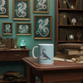 White ceramic mug with silver dragon on turquoise background in mystical study room with framed dragon paintings - fantasy home décor for dragon enthusiasts and collectors