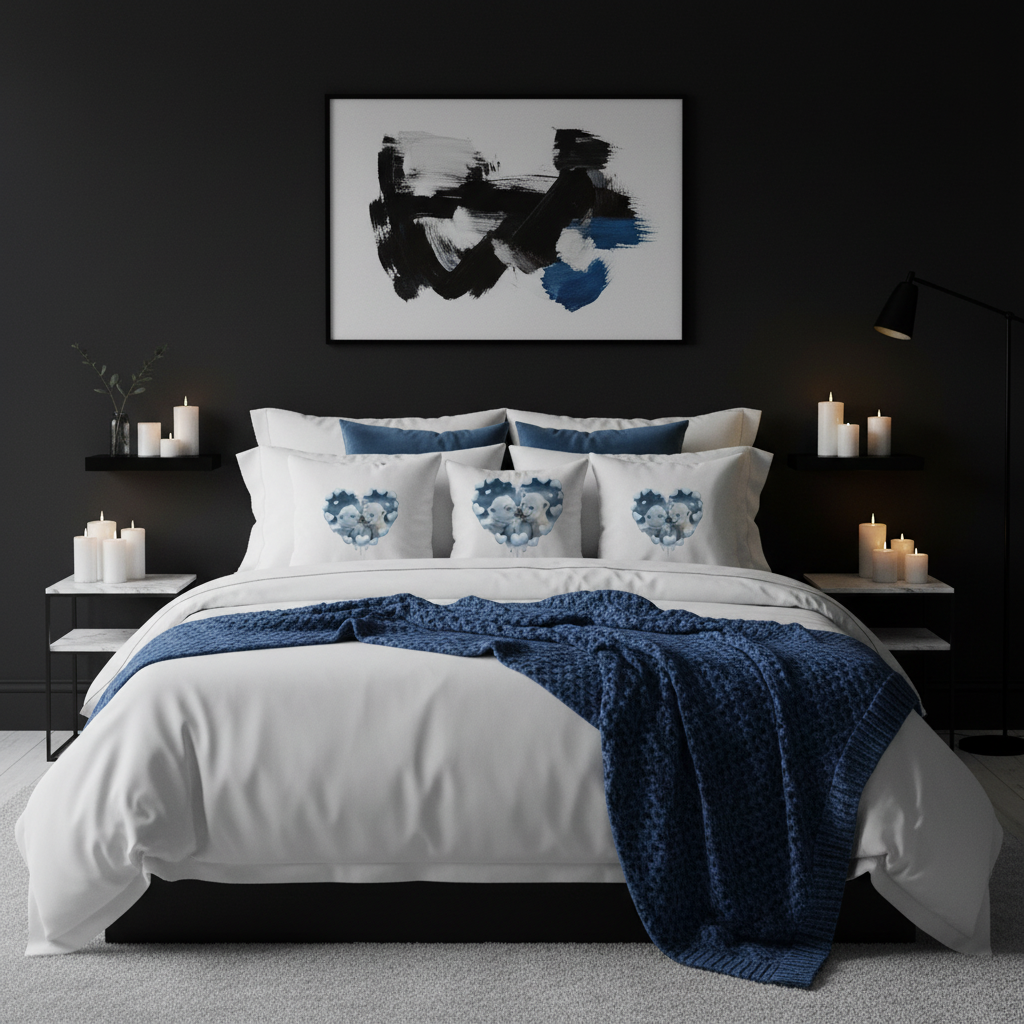 Dramatic bedroom with black walls and white bedding, polar bear heart pillows with blue accents creating striking arctic-inspired contrast