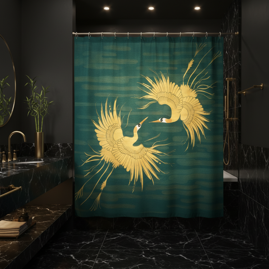 Dramatic dark bathroom with teal gold crane shower curtain glowing against charcoal walls