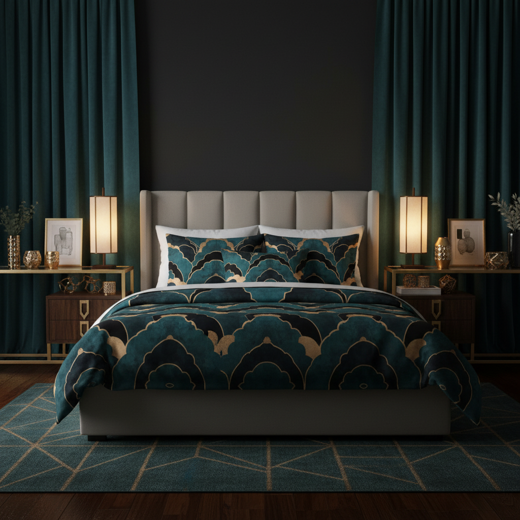 Dramatic dark bedroom with Art Deco geometric bedding, teal velvet curtains and black accent wall