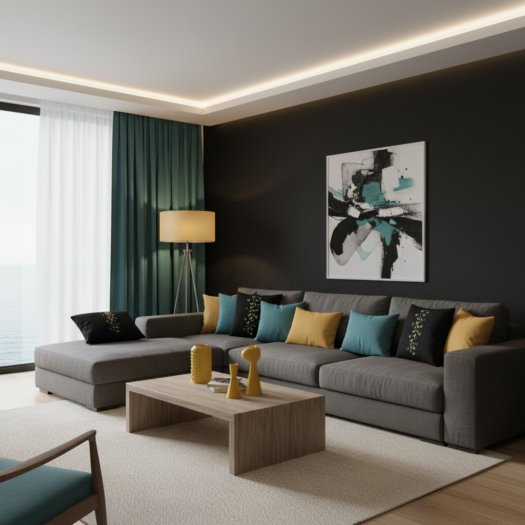 Dramatic dark coastal living room with black accent wall and multiple butterfly print pillows