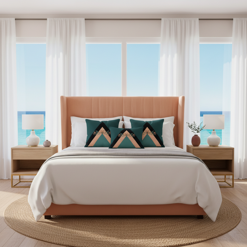 Dreamy coastal master suite with peach headboard and coordinating pillows