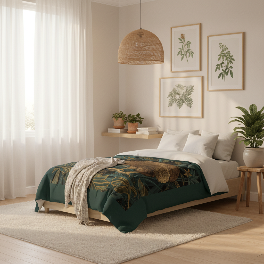 Dreamy sunlit bedroom with kiwi bird comforter, white linen curtains, botanical wall art, and natural materials