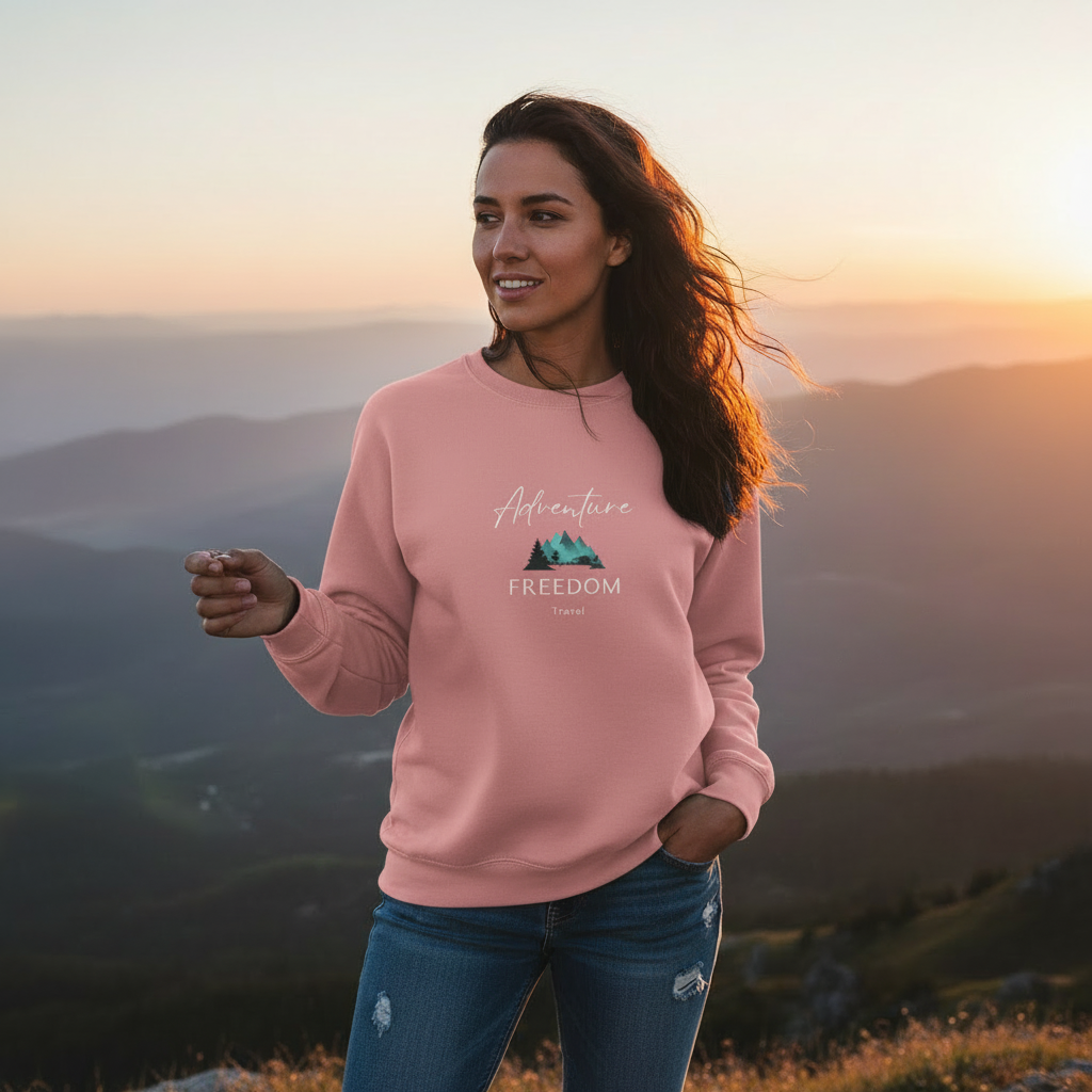 Woman wearing dusty rose Freedom Travel sweatshirt hiking at golden hour - Travel adventure apparel